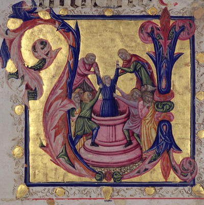 Historiated initial 'U' depicting Joseph being pulled from the well by his brothers, Tuscan School ( from Italian School, (15th century)