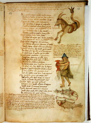 Ms Ital 483 P.4.7 f.158r Capricorn, Aquarius and Pisces, from the 'Dittamondo' by Fazio degli Uberti from Italian School, (15th century)