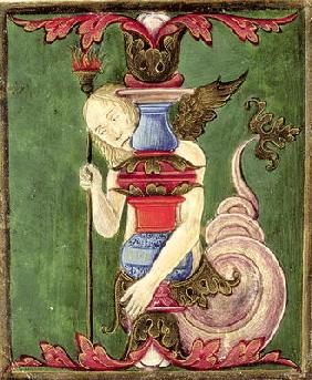 Historiated initial 'I' depicting a Winged Mermaid (vellum)