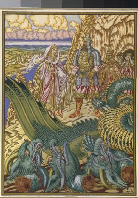 Dobrynya Nikitich rescues Zabava Putyatishna from the dragon Gorynych