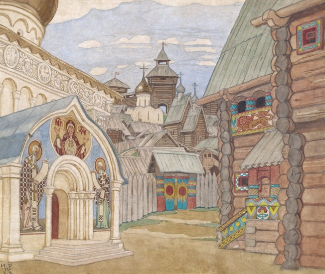 Russian Village. Stage design for the opera The Tale of Tsar Saltan by N. Rimsky-Korsakov from Ivan Jakovlevich Bilibin
