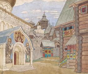 Russian Village. Stage design for the opera The Tale of Tsar Saltan by N. Rimsky-Korsakov
