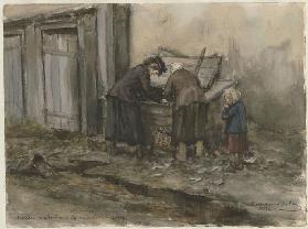 Zwei Frauen und Kind, die in den Mülltonnen nach Essbarem suchen (Aus der Aquarellserie Russische Re
