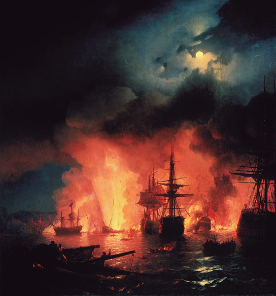 The naval Battle of Chesma on the night 26 July 1770 from Iwan Konstantinowitsch Aiwasowski