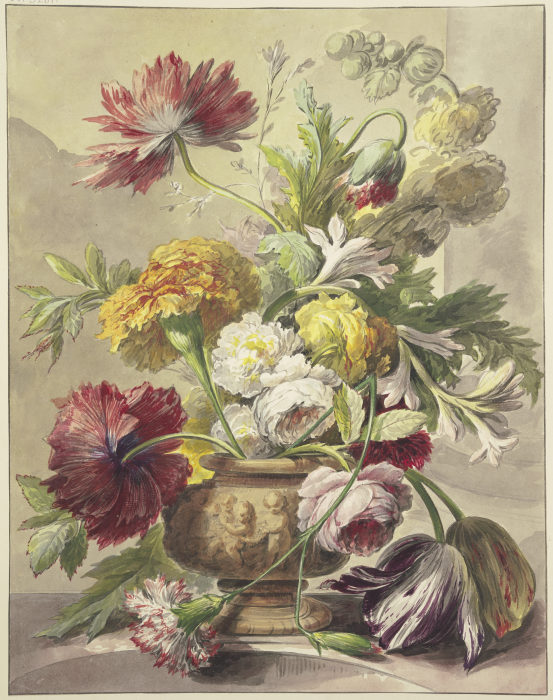 Blumenstrauß in einer Vase mit Basrelief von Mohn, Rosen, Tulpen, quer über der Vase hängt eine gekn from J. H. van Loon