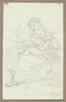 Maria auf einer Rasenbank, mit dem Jesuskind lesend