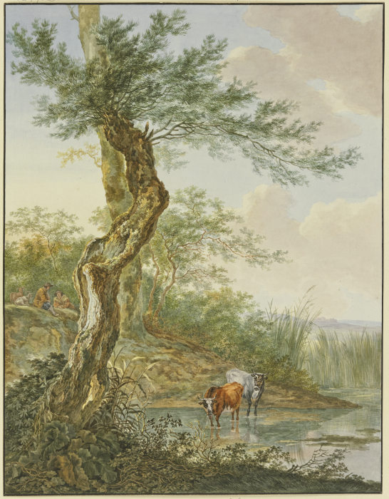 Landschaft mit Wasser, daran ein alter Weidenbaum, im Wasser zwei Kühe from Jacob Perkois