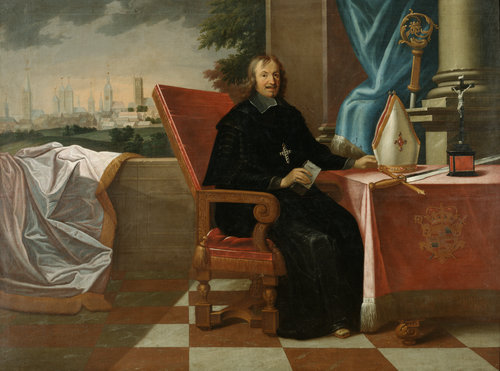 Sitzbildnis des Fürstbischofs Christoph Bernhard von Galen mit Herrschaftsattributen, im Hintergrund from Jacob Quinchard