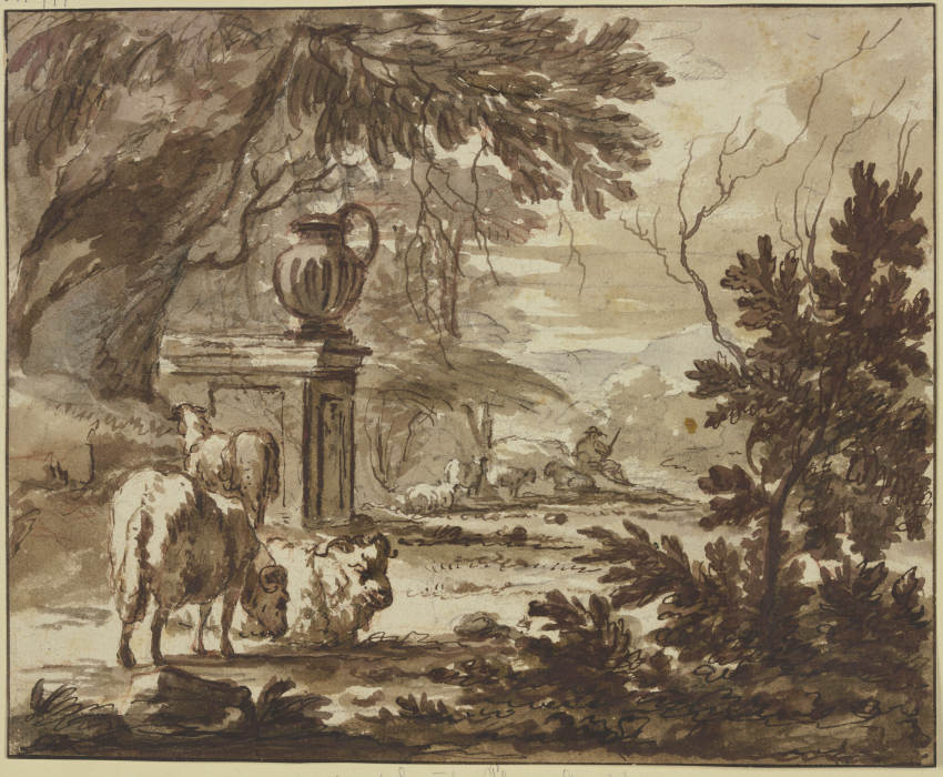 Bei einem Monument mit einer großen Vase ein Hirte mit Schafen from Jacob van der Does d. Ä.
