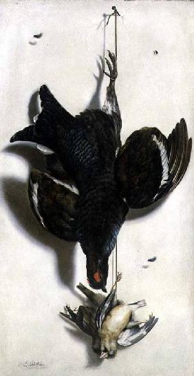 Trompe l'oeil of a black grouse and finches