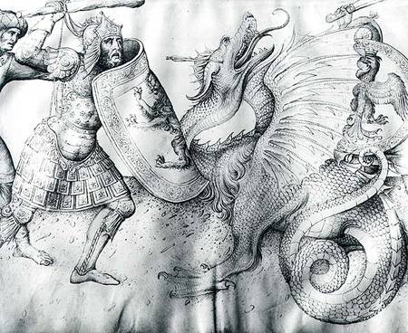 Battle between warriors and a dragon from Jacopo Bellini