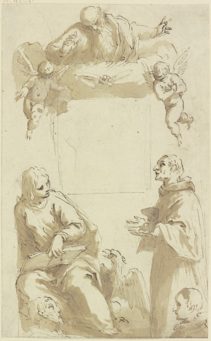 Gottvater mit Taube und Engeln über leerem quadratischem Feld, darunter Johannes der Evangelist und  from Jacopo Palma il Giovane