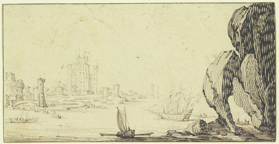 Seehafen mit Schiffen, rechts ein großer Felsen from Jacques Callot