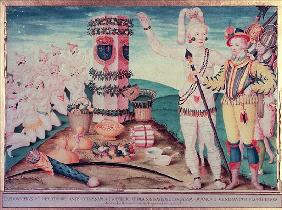 Rene Goulaine de Laudonniere (c.1529-82) and Chief Athore in front of Ribault''s Column, c.1570