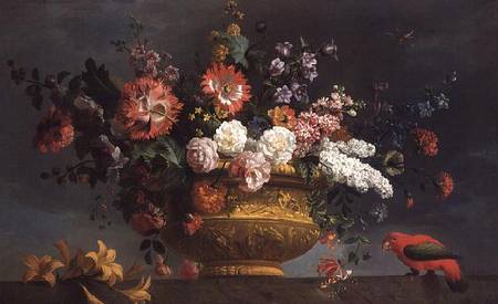 Flower piece with parrot from Jakob Bogdani or Bogdany