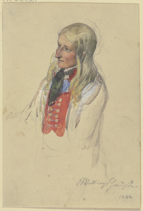 Brustbild einer jungen blonden Bäuerin in roter Weste und weißem Rock from Jakob Furchtegott Dielmann