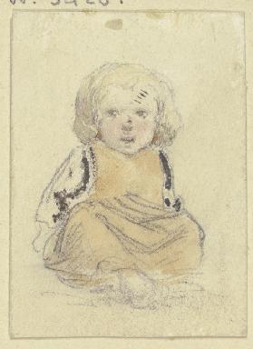Sitzendes kleines blondes Kind in gelbem Kleidchen, von vorn