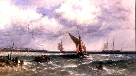 Fishing Boats Coming into Shore with a Two-Master at Anchor Beyond from James Edwin Meadows