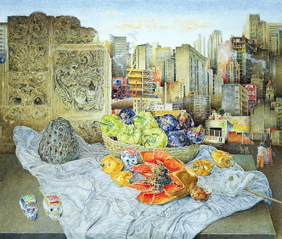 Still Life with Papaya and Cityscape, 2000 (oil on canvas)  from  James  Reeve