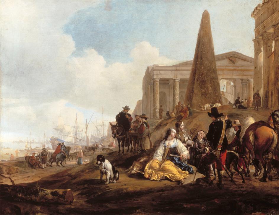 A Mediterranean Harbour Scene, with Figures resting in the from Jan Baptist Weenix