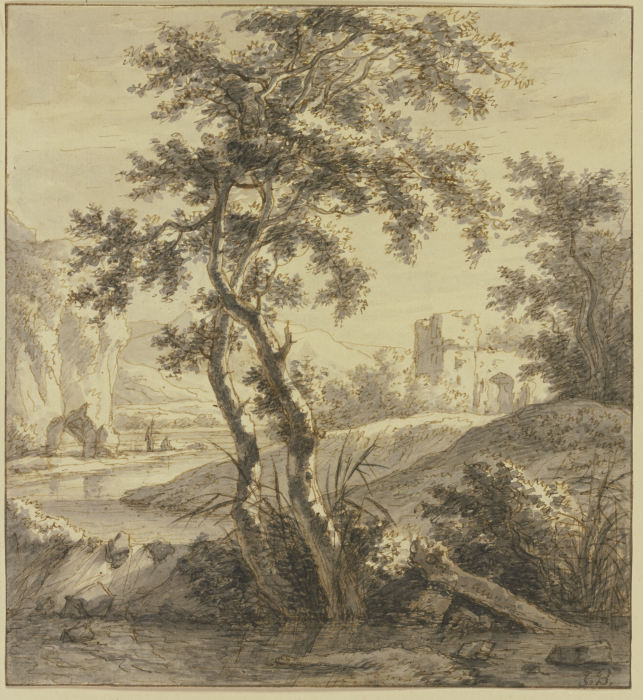 Landschaft, vorne zwei Bäume, rechts eine Ruine, links ein Wasser und Felsen from Jan Both