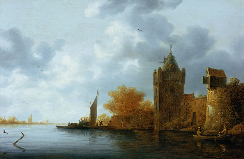 River estuary with a tower and fortified walls, ferry embarking from Jan Coelenbier