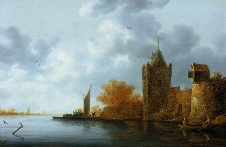River estuary with a tower and fortified walls, ferry embarking