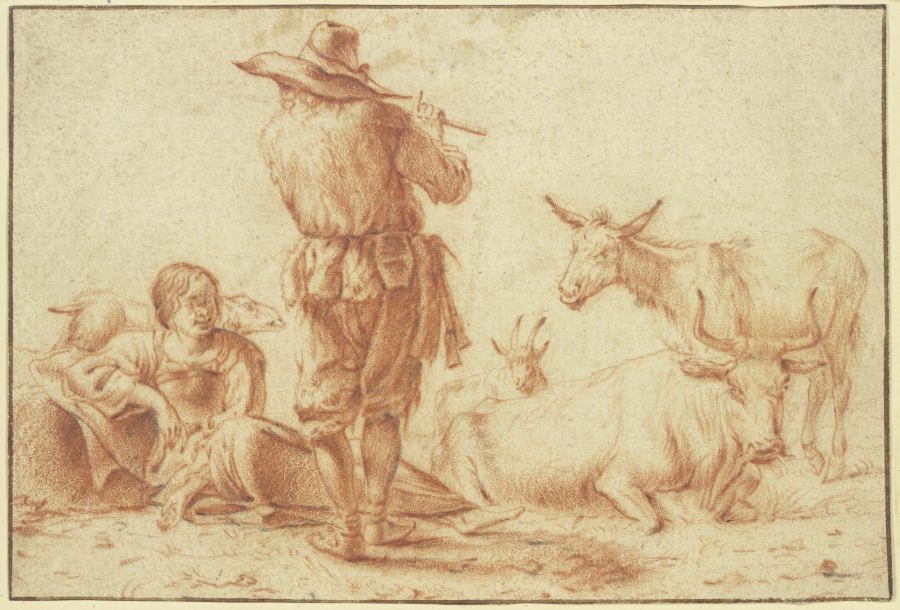 Ein Hirte in Rückenansicht bläst die Flöte, eine Hirtin sitzt dabei mit einigem Vieh from Jan Frans Soolmaker