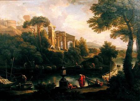 Landscape with figures by a pool with ruins in the background from Jan Frans van Bloemen