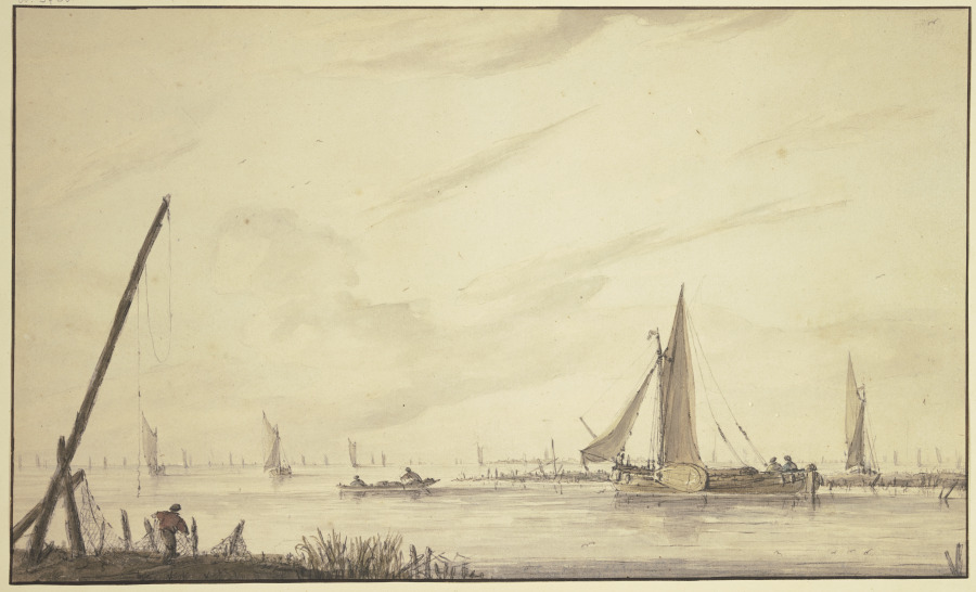 Marine mit vielen Schiffen, links bei einer langen Signalstange ein Fischer mit Netzen from Jan van de Cappelle