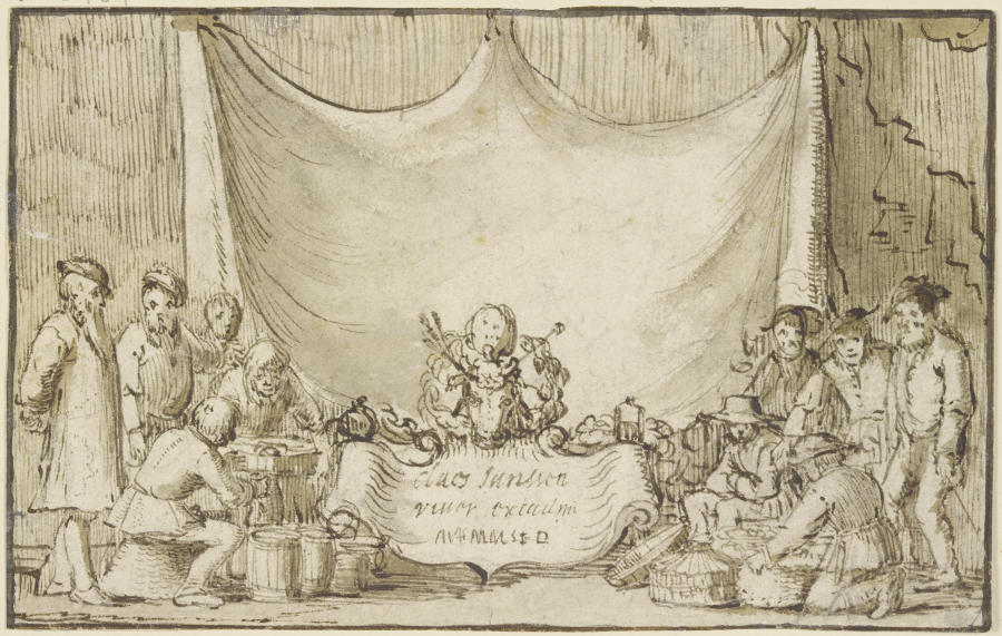 Vor einem Vorhang ein Spruchband, darüber ein geschmückter Ochsenkopf, daneben Fischer und Bauern mi from Jan van de Velde II