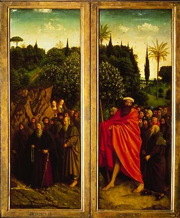 Genter altar -- Eremiten (on the right) and Christophorus with the pilgrims (on the left) from Jan van Eyck