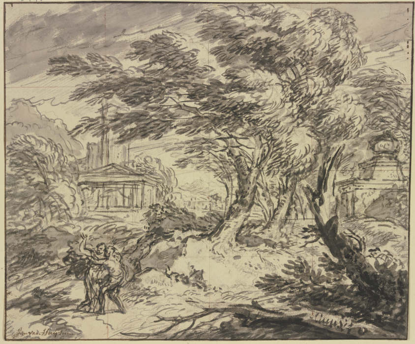 Landschaft mit antiker Tempelarchitektur im Sturm, im Vordergrund ergreift ein Mann eine Frau mit er from Jan van Huysum