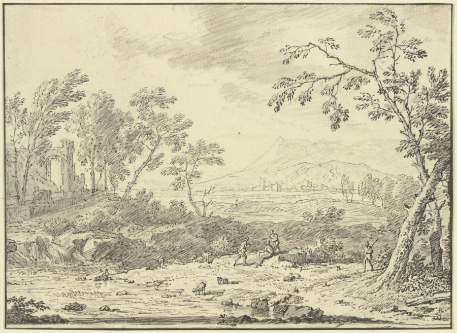 Landschaft mit Ruinen, vorne ein Hirte bei Schafen from Jan van Huysum