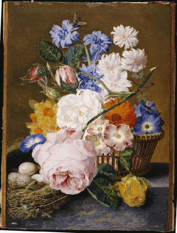 Rosen, Winden, Osterglocken, Astern und andere Blumen neben einem Vogelnest from Jan van Huysum