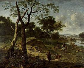 Woodland landscape with hunters