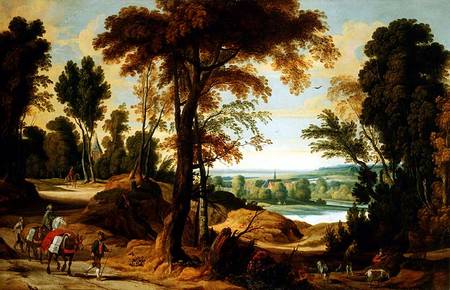 A wooded river landscape with figures on a road from Jan Wildens