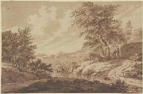 Landschaft mit einem Fluss, rechts ein Felsstück unter Bäumen, dabei ein Mann mit einem Knaben, der 