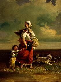 Farmer with child on the way home from János Jankó