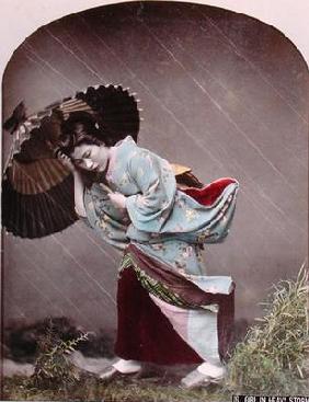 Young Japanese Girl in the Rain, c.1900 (hand coloured photo)