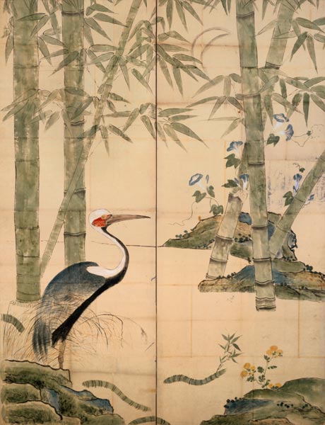 Pine and Bamboo and Cranes (w/c on panel) from Japanese School