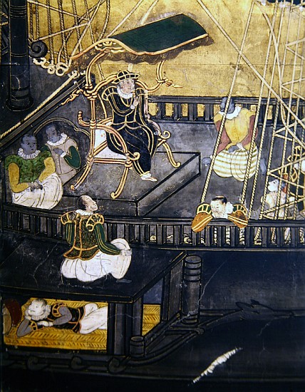 The Arrival of the Portuguese in Japan, detail showing men in the central part of a ship, from a Nam from Japanese School
