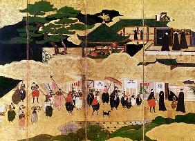 The Arrival of the Portuguese in Japan, detail of the right-hand section of a folding screen, Kano S