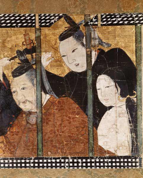 Two men and a woman behind an awning, detail from a screen, 15th-18th century