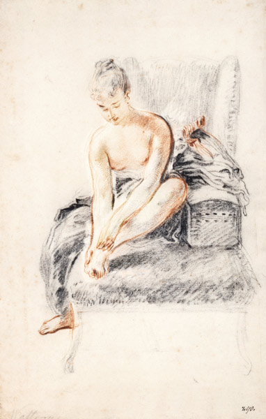 Semi-nude woman seated on a chaise longue, holding her foot (sanguine and black chalk on paper) from Jean Antoine Watteau