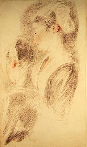 Two studies of a woman, three-quarters from rear, one in profile (sanguine and black chalk on paper)