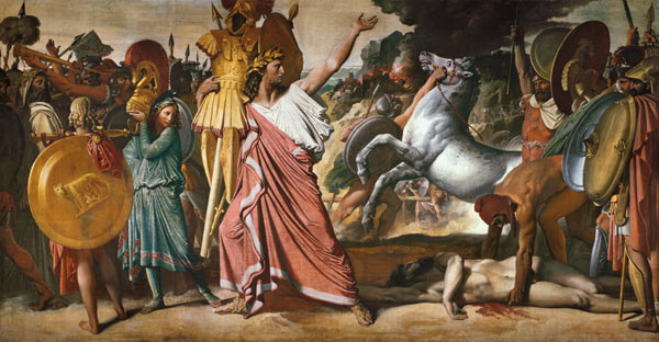 Romulus, the winner of Acron, carries the rich spoils into the Zeustempel from Jean Auguste Dominique Ingres