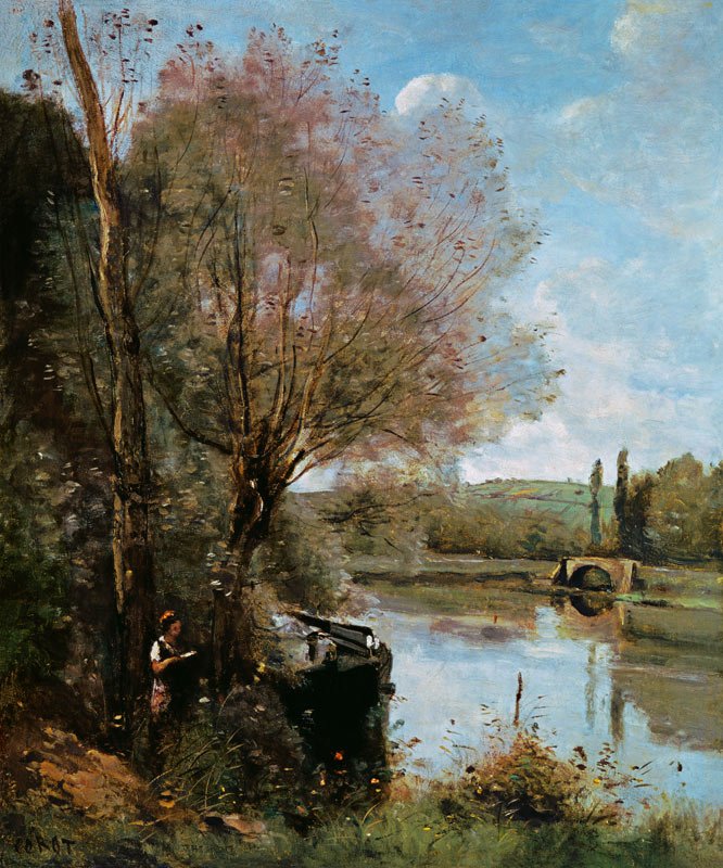 Reading at a wooded riverbank from Jean-Baptiste-Camille Corot