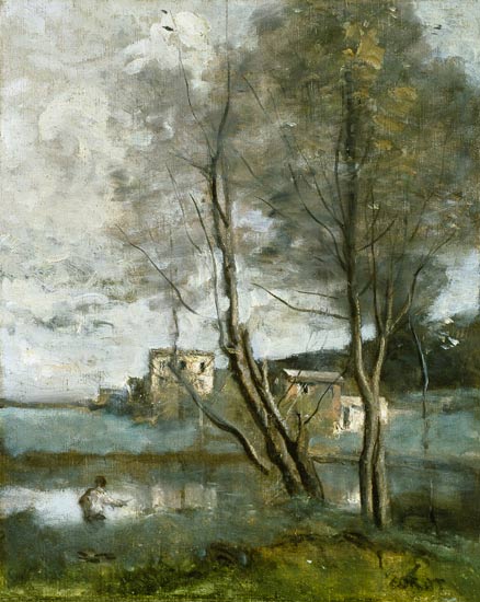 Angler and houses from Jean-Baptiste-Camille Corot