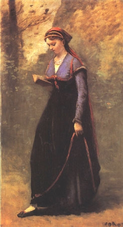 Reading girl in the velvet skirt from Jean-Baptiste-Camille Corot